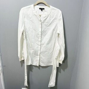 St. John Women's Ivory White Button Up Blouse Sz 10 Tie Metallic Detail Cuffs
